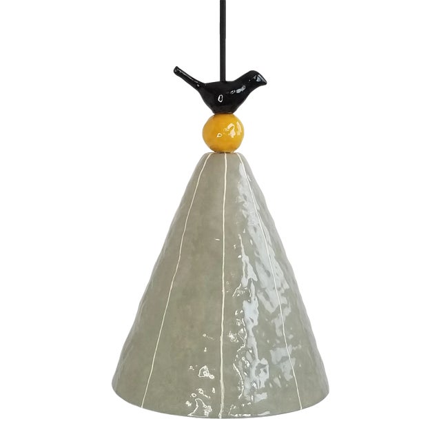 Gray Ceramic Pendant Light With Black Bird, Plug in Cord From kRI kRI Studio For Sale
