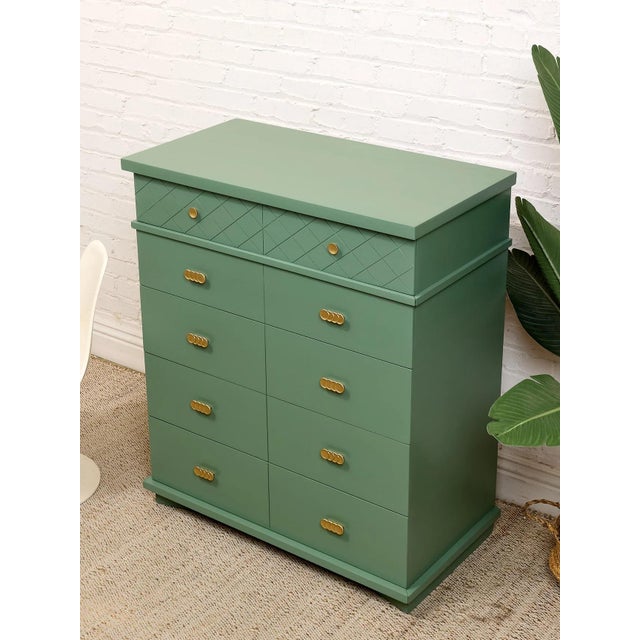 Olive Green Mid-Century Highboy Dresser With Diamond Detail and Sculptural Pulls by Kent Coffey For Sale - Image 12 of 12