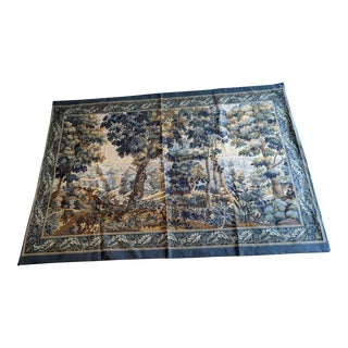 Antique Tapestry With Woodland Scene and Floral Border in Blue Tone For Sale