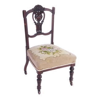 Antique English Needlepoint Chair with Wheels, 1890s For Sale