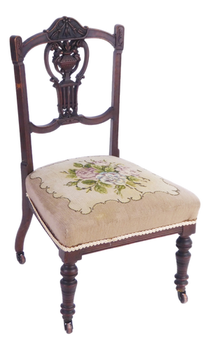 Antique English Needlepoint Chair with Wheels, 1890s