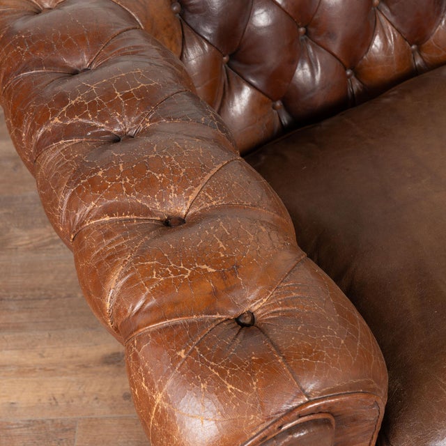 Mid 20th Century Set of Three Vintage Brown Leather Chesterfield Seating Group With Sofa and Pair of Club Chairs For Sale - Image 5 of 18