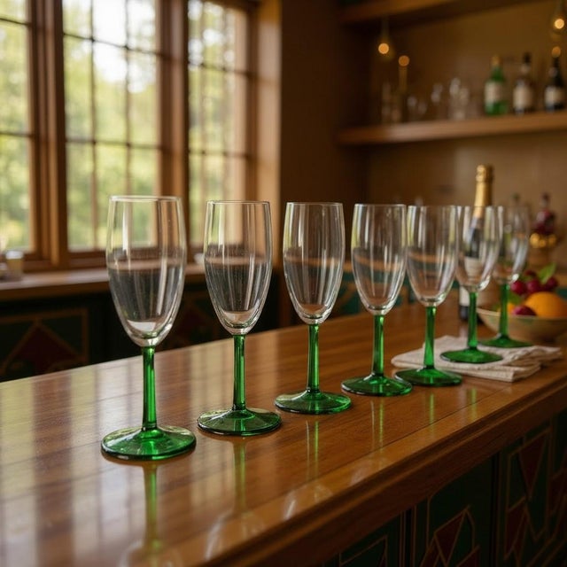 A vibrant set of 6 vintage Luminarc Durand France champagne flutes, featuring the iconic emerald green stem that has...
