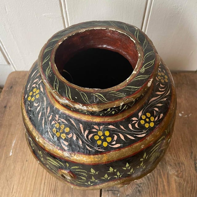 Papier Mache Folk Art Vase with Hand Painted Floral Decoration For Sale - Image 7 of 9