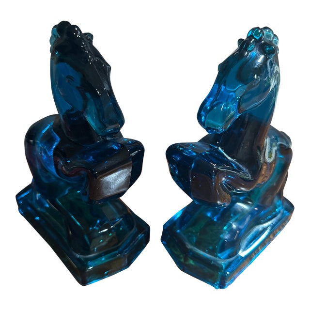 Peacock Blue Glass Rearing Horse Statues From 1940’s Art Deco Mid Century For Sale