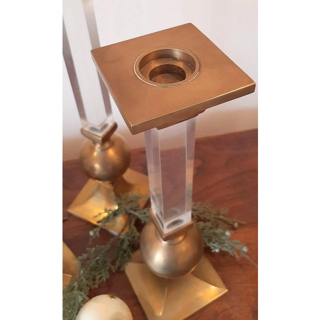 Vintage Xl Brass and Lucite Candlesticks Set 3 Candle Holders For Sale - Image 12 of 13