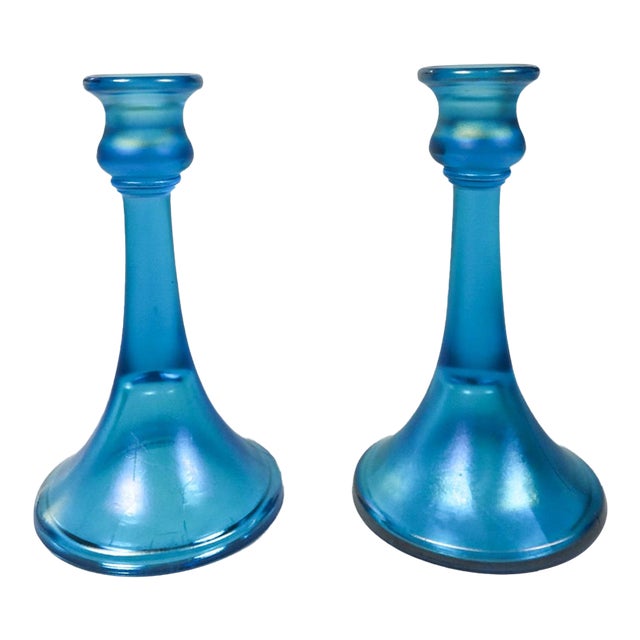 Vintage Iridescent Blue Glass Candlesticks - A Pair For Sale