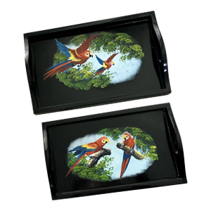 Late 20th-Century Wooden Black Lacquered Tiki-Style Hand Painted Parrot Motif Nested Trays - A Pair