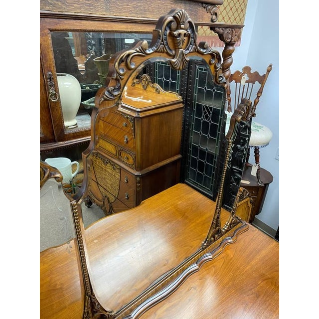 Antique 1930's Bedroom Mirrored Dresser, Hand Carved Walnut, Burl Inlay, Beveled Glass, 5 Drawers For Sale - Image 9 of 15