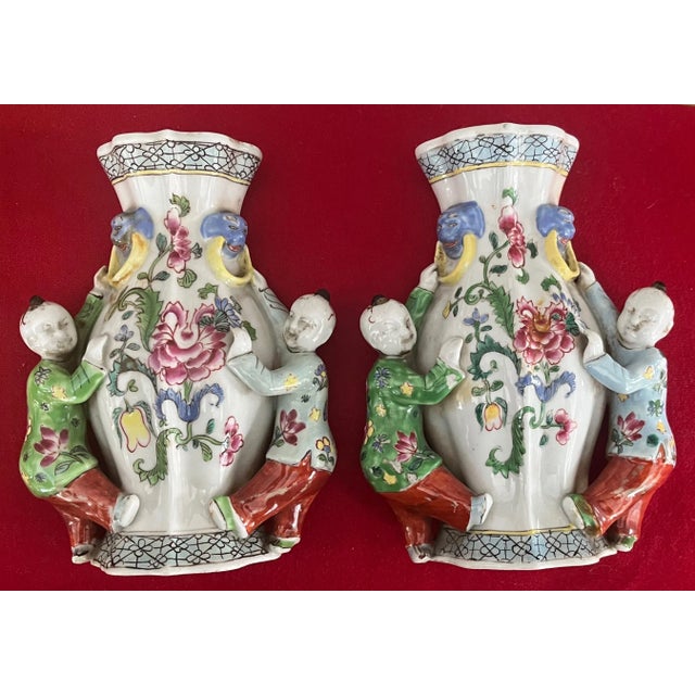 19th Century 19th Century Chinese Export Porcelain Famille Rose Wall Pocket Vases - a Pair For Sale - Image 5 of 11
