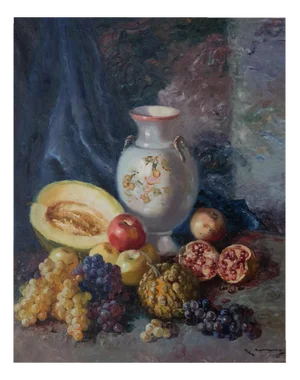 Exotic Mediterranean Fruit and Vase, Oil on Canvas, Framed