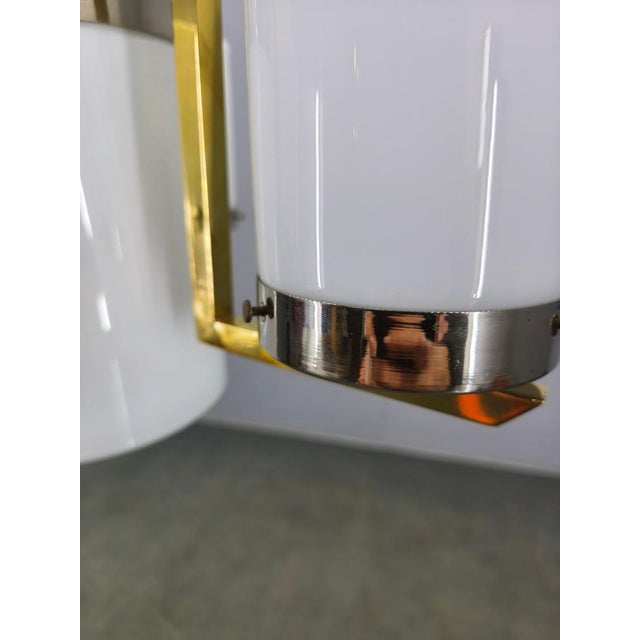 Gold Art Deco Brass and Chrome Chandelier with Opaline Glass, Czechoslovakia, 1930s For Sale - Image 8 of 15
