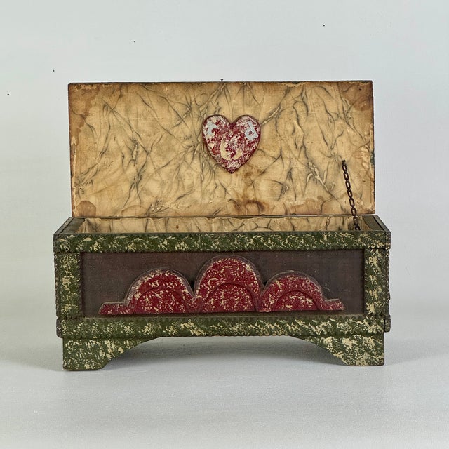Folk Art Vintage Painted Tramp / Folk Art Sewing Box With Large Pincushion Top & Red Heart Carving For Sale - Image 3 of 18