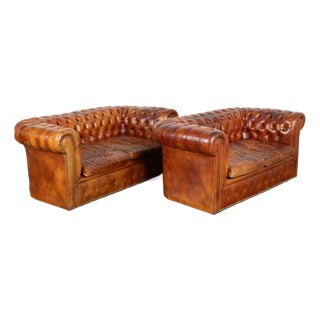 Pair of French Brown Leather Chesterfield Two Seat Loveseat Sofas For Sale