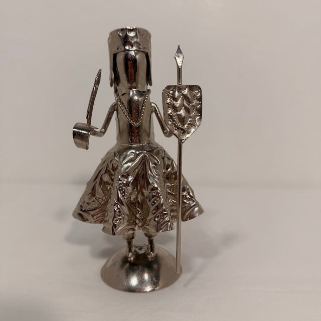 Silver Vintage Silver Tone Metal Female Warrior Queen Figurine With Spear and Shield For Sale - Image 8 of 12