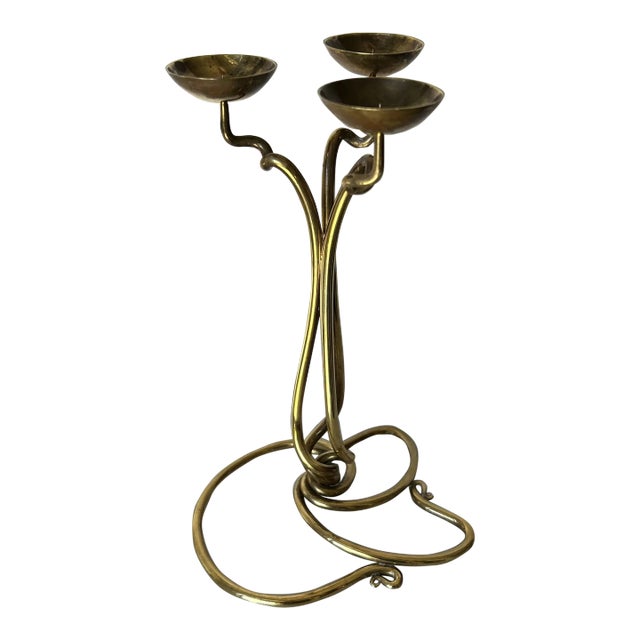 Vintage Joe Spoon Hand Wrought Brass 3 Arm Candle Holder Signed and Dated 1995 For Sale