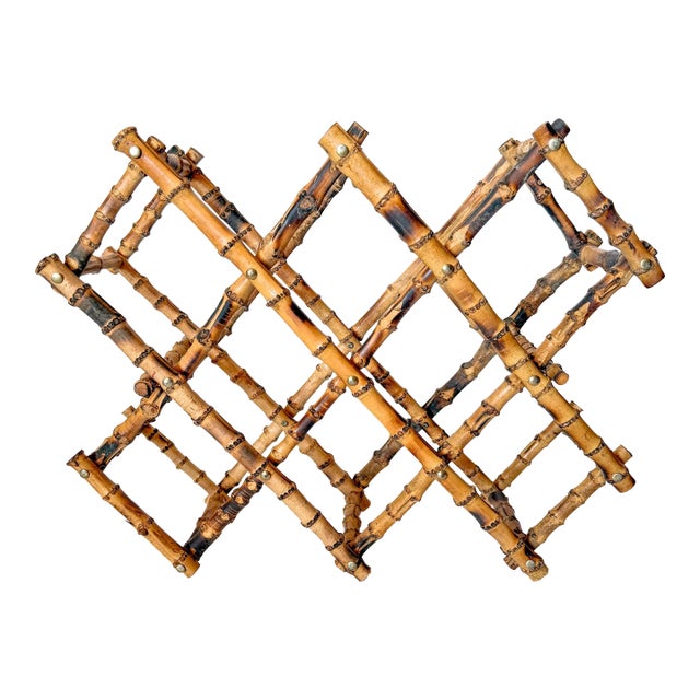 Vintage Burnt Tortoise or Scorched Bamboo Collapsable 8 Bottle Wine Rack For Sale