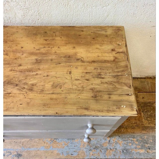 Vintage English Pine Bank of Drawers, having been later painted medium grey, natural waxed pine top, drawers move well and...