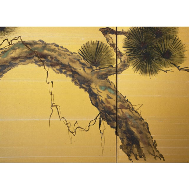 Wood "Old Pine Tree", Pre-1964 Showa Era Japanese Painted Silk Byobu Screen For Sale - Image 7 of 17
