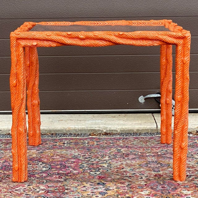 Contemporary Vintage Orange Lacquered Carved Faux Bois Square Center or Side Table For Sale - Image 3 of 12