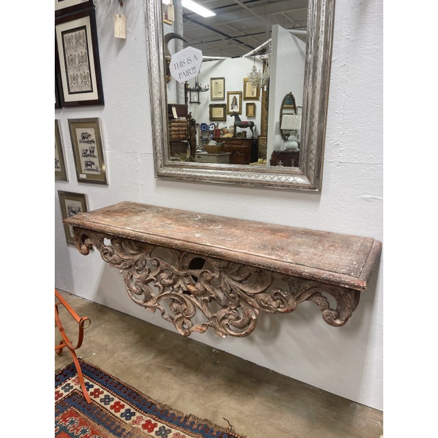 19th Century French Carved and Distressed Wood Wall Mounted Console Table For Sale - Image 10 of 11