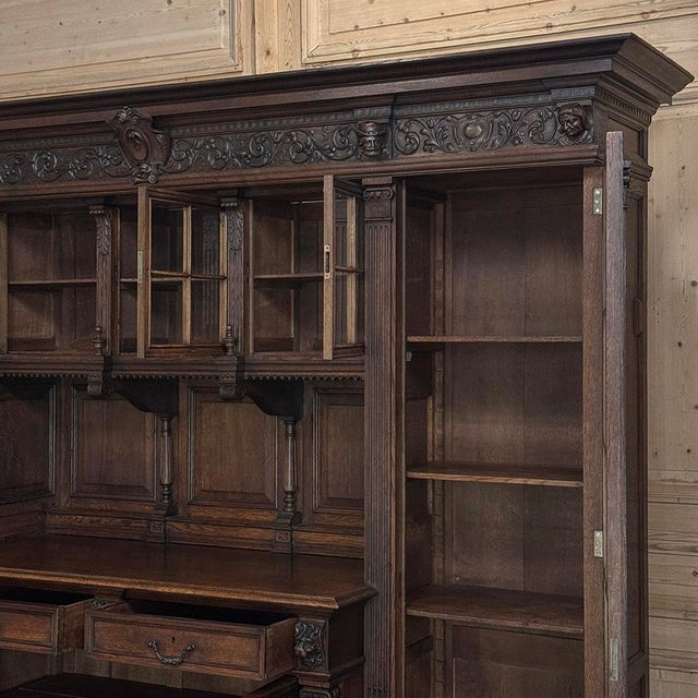 19th Century French Renaissance Revival Carved Oak Bookcase / Bar For Sale - Image 12 of 18