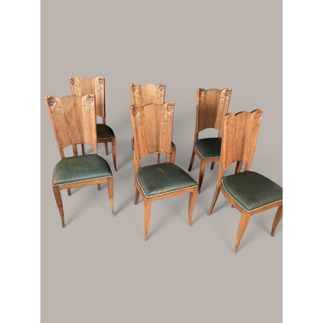 Art Nouveau Dining Chairs in Oak with Carved Rose Motifs, 1920, Set of 6 For Sale - Image 4 of 9