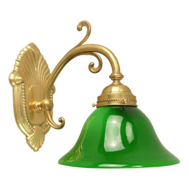 Art Nouveau Brass Wall Lamp with Green Flashed Glass, Vienna, 1910s For Sale