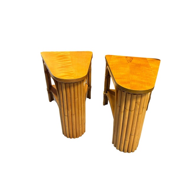 Restored MCM 2-Tiered Vertically Stacked Rattan Arched Wedge Table, Pair For Sale In Los Angeles - Image 6 of 6