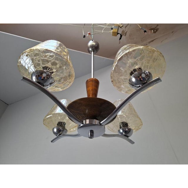Mid-Century Modern Czech Glass, Wood and Chrome 4-Armed Chandelier from Napako, 1960s For Sale - Image 18 of 18