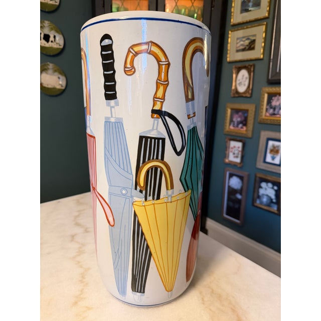 A fabulous, cheekily meta example of 1980s Postmodern design! This striking ceramic umbrella stand features a whimsical,...