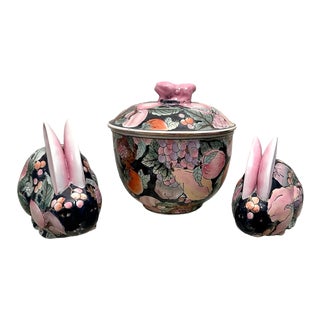 Chinoiserie Long Eared Porcelain Rabbits - A Pair With Matching Lidded Jar For Sale