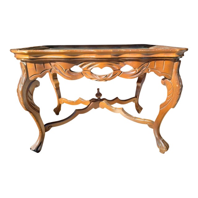 1940's Traditional Style Carved Cherub Wood Table Removable Glass Tray For Sale