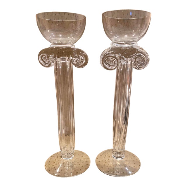 Pair of 1980s Hand Blown Glass Candlesticks, Corinthian Column Style Fluted Glass With Candle Cup Holder on Top For Sale