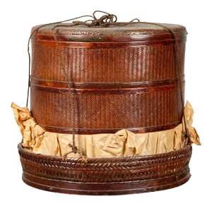 Chinese 19th Century Tiered Food Basket with Stacking Parts, Paper and Rope Ties