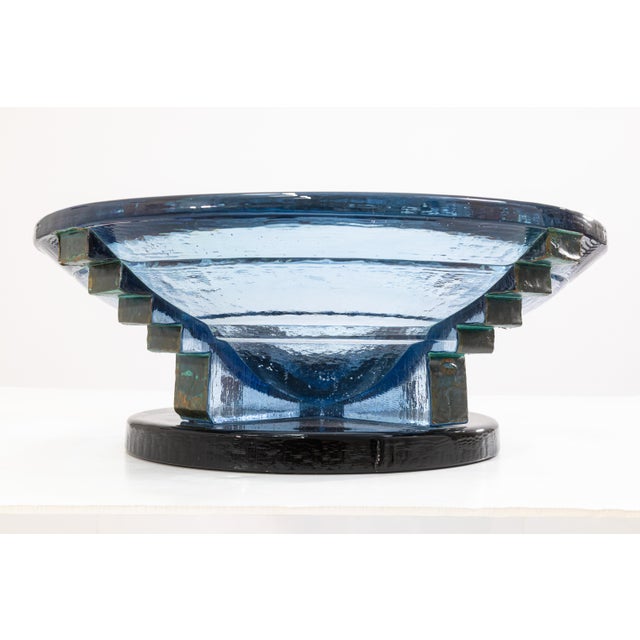 Postmodern John Lewis Blue Glass Bowl or Vessel With Metal Detailing Postmodern Art Glass For Sale - Image 3 of 6