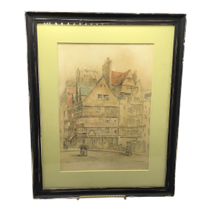 Bow Head Edinburgh, Scotland. Framed 1880s Signed Pencil and Watercolor