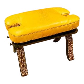 Moroccan Camel Saddle Deep Mustard Leather Cushion Carved Cedar Wooden Base Stool For Sale