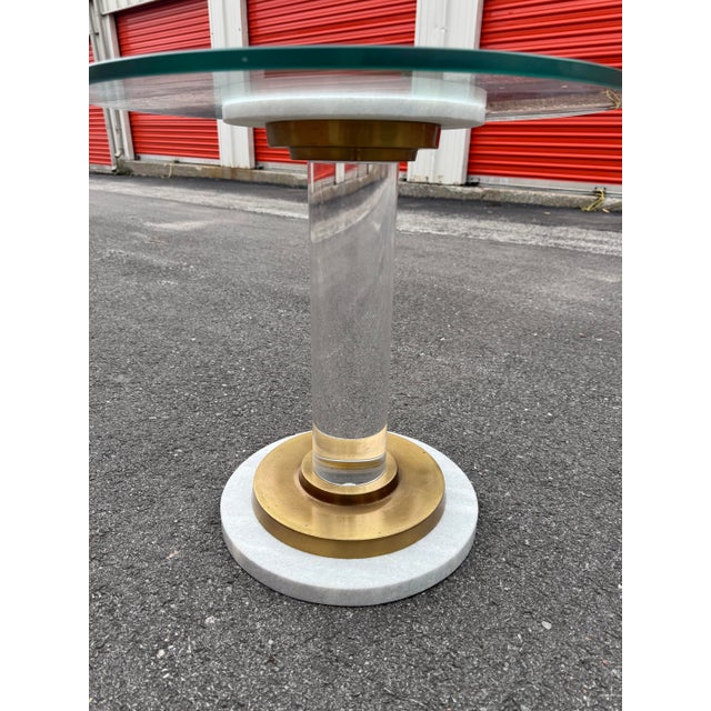 Metal 1970's Round Lucid Marble and Brass Pedestal Side Table For Sale - Image 7 of 11