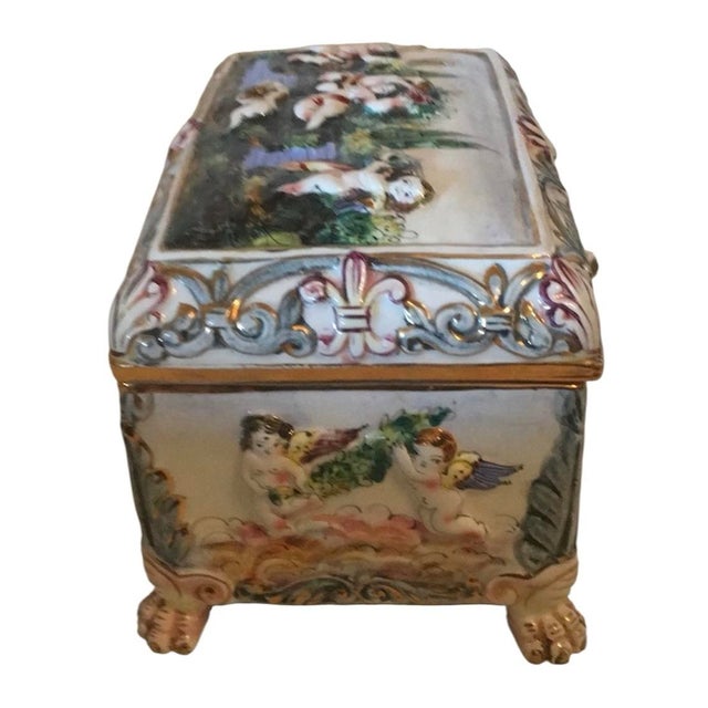 Very Large Antique Capodimonte Hinged Jewelry Casket/Box With Raised Cherubs For Sale - Image 4 of 9