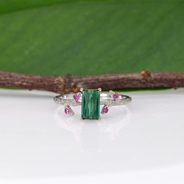 1.1Ct Indicolite Tourmaline Ring With Pink Sapphire Accents: Solid 14k Gold, Size 6.75 For Sale In Columbus - Image 6 of 10