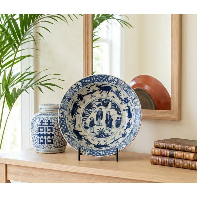 Late 19th Century Antique Chinese Blue & White Porcelain Bowl With Rare Coral Glaze Exterior – Qing Dynasty Scholar Motif – Late 19th Century For Sale - Image 5 of 14