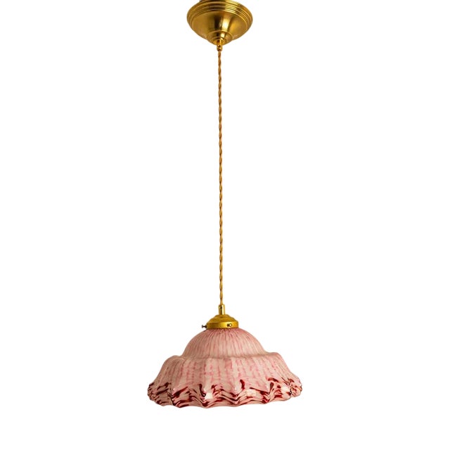 Art Deco Hand-Blown Pink Ruffled Murano Glass Pendant, 1970s For Sale