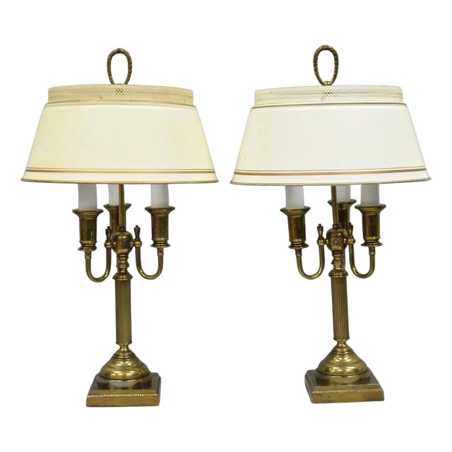 Vintage French Country Tole Metal Shade Brass Column Candelabra Table Lamps Pair For Sale