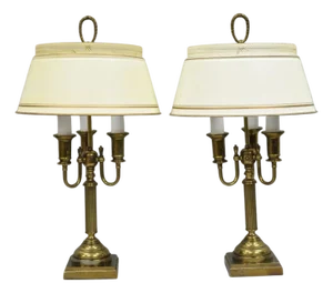 Vintage French Country Tole Metal Shade Brass Column Candelabra Table Lamps Pair