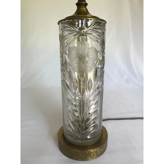 Glass 1930s Art Deco Cut Crystal & Brass Cylinder Lamps - Set of 2 For Sale - Image 7 of 12
