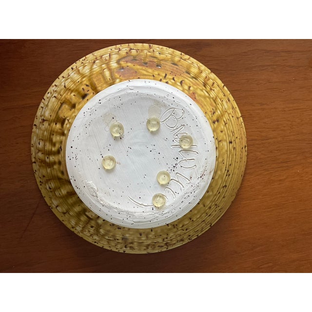 Yellow Vintage 9 1/4” Speckled Drip Glaze Signed Studio Pottery Bowl For Sale - Image 8 of 9