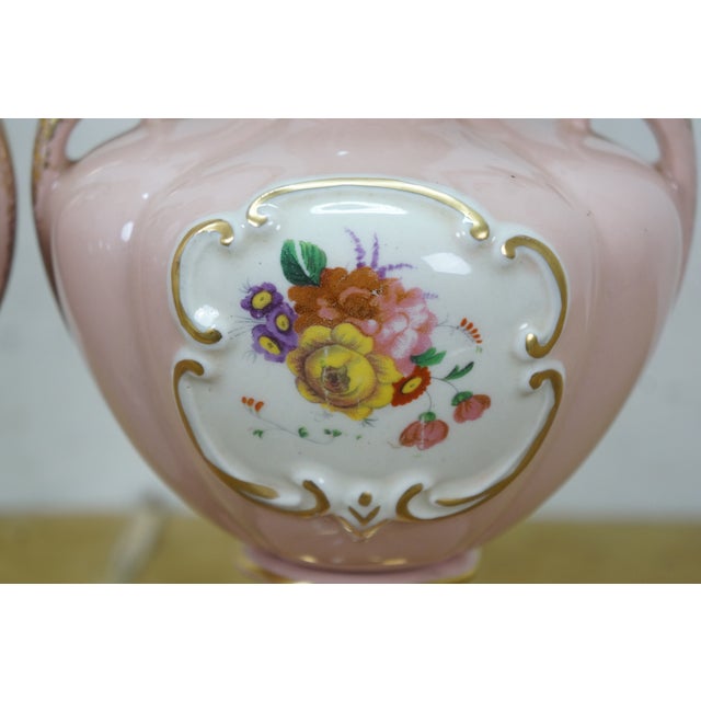 Mid 20th Century 2 St Regis American Porcelain Pink Floral Mantel Vases Trophy Urns 12" For Sale - Image 10 of 17