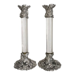 1990s Pair Pewter and Glass Tall Candlesticks by Etain Zinn For Sale