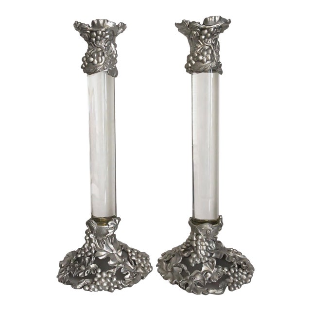 1990s Pair Pewter and Glass Tall Candlesticks by Etain Zinn For Sale